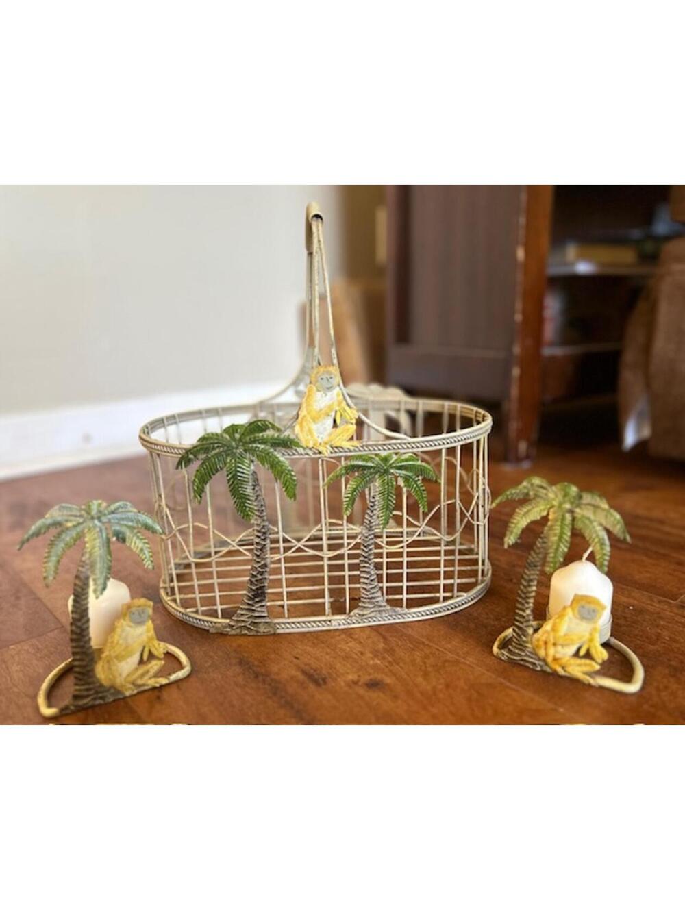 Vintage Metal Monkey and Palm Tree Candle Holders with Basket